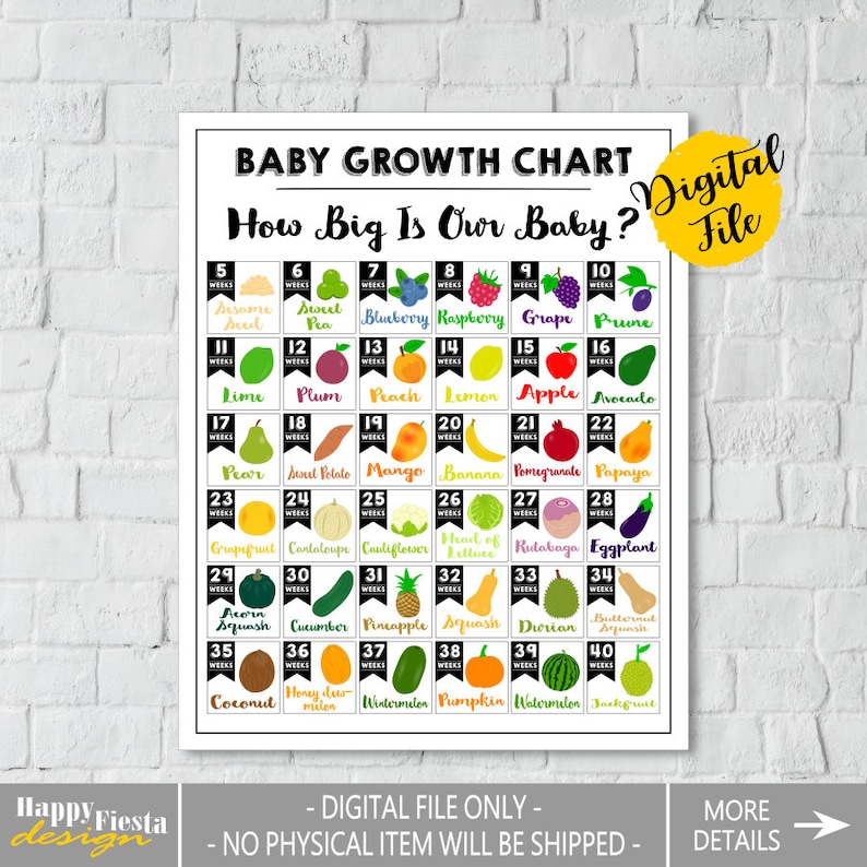 PRINTABLE How Big Is Baby Sign-Printable Baby Growth Chart-Week By Week-Baby Comparison To Fruit-Baby Size Sign-Baby Size Chart-Baby Bump image 1