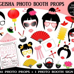 Puede incluir: 41 accesorios de cabina de fotos imprimibles y un cartel con el texto "Geisha Photo Booth" y "Grab a Strike a Prop & Pose". Los accesorios incluyen una linterna roja, un abanico, un rollo de sushi, una taza de té, una flor, un par de palillos, una diadema de geisha y una bandera japonesa.