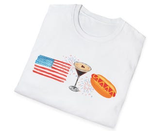 Drapeau américain martini hot-dog, t-shirt patriotique d'été pour barbecue