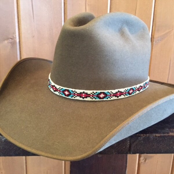 Beaded Western Hatband in Bone, Red, Turquoise and Chocolate Brown
