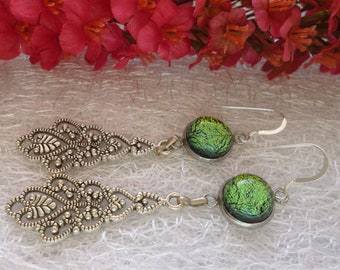 Green Earrings, Green Dichroic Glass Dangle Earrings