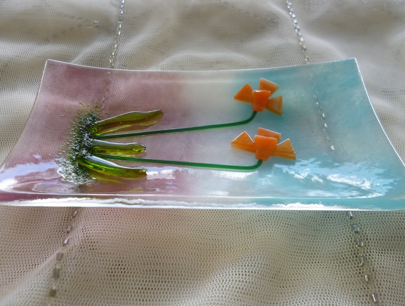 Fused Glass Flower Soap Dish Trinket Dish Small Orange Flower Soap Dish