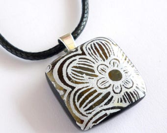 Fused Glass Flower Pendant: Black & White Necklace, Sterling Silver Bail