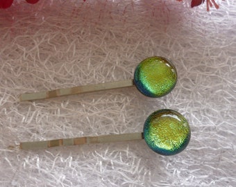 Yellow / Green Bobby Pin, Two Fused Glass Yellow / Green Hair Pins
