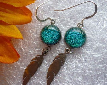 Green Dangle Earrings, Green Dichroic Glass Decorative Earrings