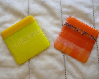 Orange and Yellow Retro Glass Coasters, Glass Art Coasters, Two Coasters