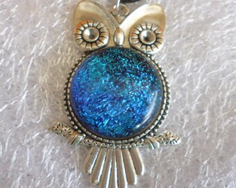 Cute Owl Pendant, Blue Dichroic Glass Owl Pendant