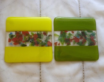 Yellow and Green Coasters, Fused Glass Art Coasters, Two Coasters