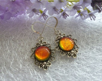 Red / Orange Earrings, Red Dichroic Glass Dangle Earrings