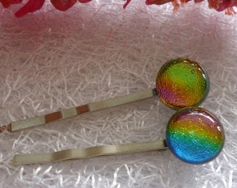 Colourful Bobby Pins, Two Dichroic Glass Colourful Hair Pins