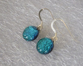 Blue / Teal Dichroic Glass Dangle Earrings with 925 Sterling Silver Flat Hook Earwires