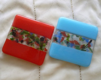 Red and Blue Coasters, Fused Glass Art Coasters, Two Coasters