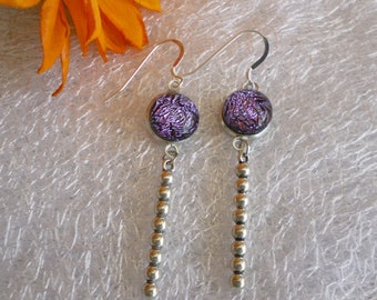 Pin Drop Earrings, Pink Dichroic Glass Drop Earrings