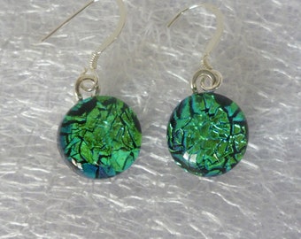 Green Dangle Earrings with 925 Sterling Silver Earwires, Sparkly Green Dichroic Glass Earrings