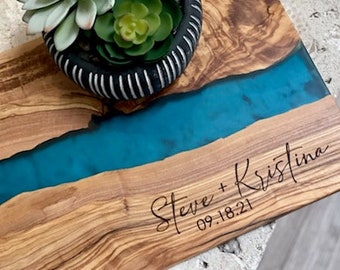 Olive Wood and Resin Personalized Charcuterie Board/Coasters/Serving Board Tray/Custom Cutting Board/Realtor Gift/Engagement wedding Gift