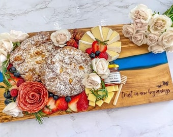 Olive Wood and Resin Personalized Charcuterie Board/Coasters/Serving Board Tray/Custom Cutting Board/Realtor Gift/Engagement wedding Gift