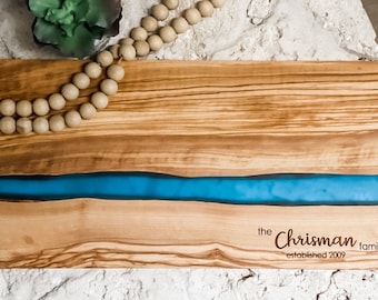 Olive Wood and Resin Personalized Charcuterie Board/Coasters/Serving Board Tray/Custom Cutting Board/Realtor Gift/Engagement wedding Gift