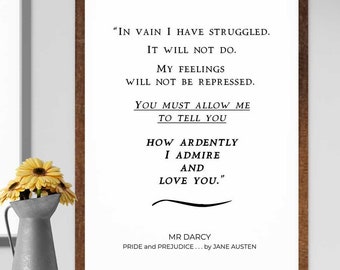 Stolthet och fördom-tryck, Mr Darcy-bokcitat UTSKRIVBAR väggkonst, Jane Austen-presenter, bokcitat-väggkonstposter, litterära tryck och dekor