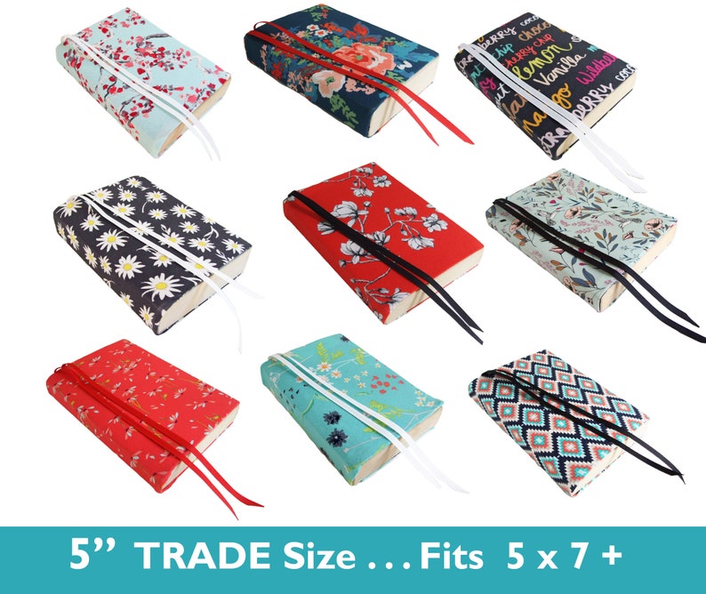 May include: Nine different book covers with various patterns and colors. The covers are 5 inches wide and fit books that are 5 by 7 inches or larger. The covers have ribbon ties.