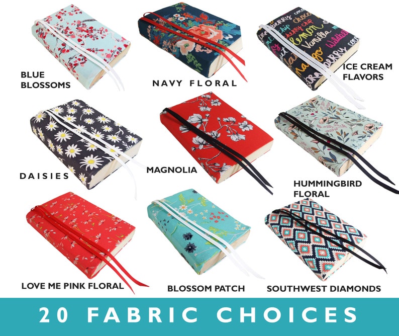 May include: Twenty fabric choices for book covers, including floral patterns, geometric designs, and a pattern with ice cream flavors. The fabric choices are displayed on a white background.