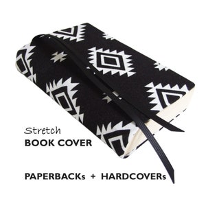Small Book Cover, Paperback Book Cover B&W SOUTHWEST Book Sleeve for Paperback Books, Stretch Book Cover, Aztec Fabric Book Cover