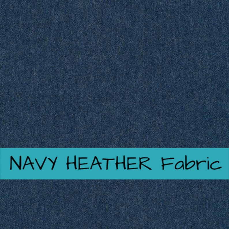 May include: Navy blue heather fabric. The fabric has a soft, textured feel.
