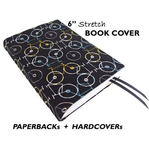 Fabric Book Sleeve BICYCLES 6" Stretch Paperback Booksleeve, Black Book Cover for Paperback, Hardback Bookcover, Bible Cover for Men Custom