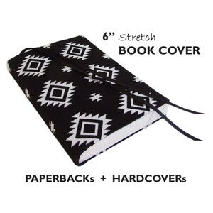 Hardcover or Paperback Book Cover, Black Book Sleeve in B&W SOUTHWEST 6" Stretch Fabric Book Cover, Bible Cover for Men, Small Book Cover