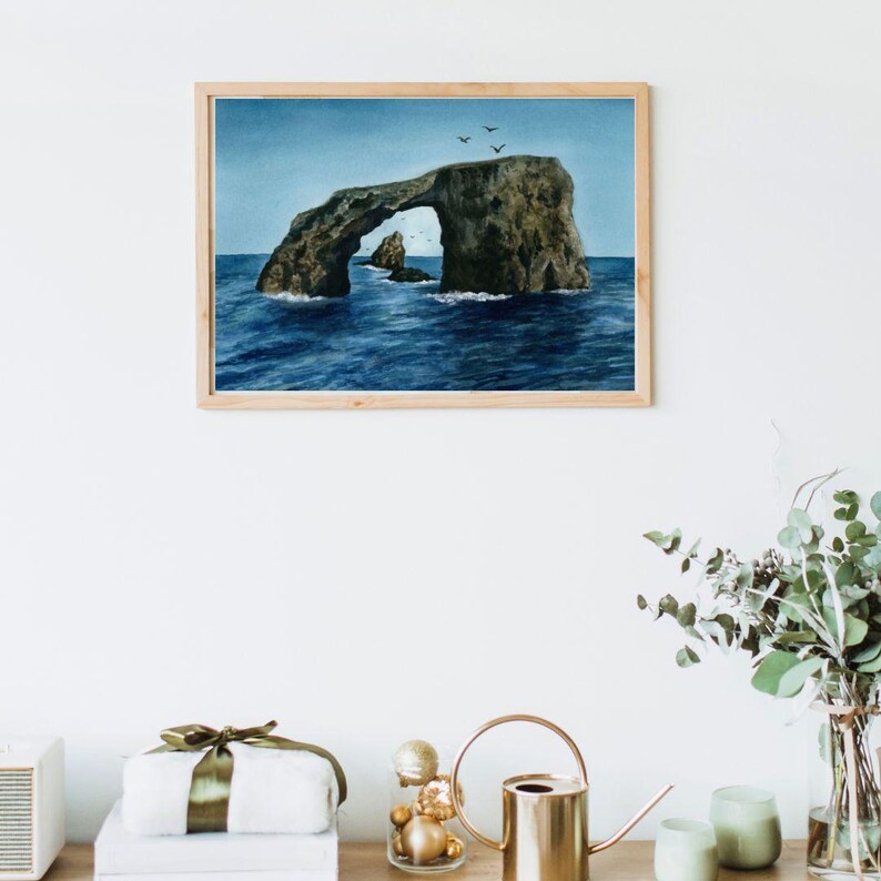 Parc national des îles Anglo-Normandes | Arche marine | Impression d'art aquarelle | Paysage côtier océanique | Californie | 8 x 10 image 3