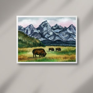 Grand Teton National Park Art Print | Watercolor Landscape | Wyoming State Landscape | Mountain Painting | Bison Wildlife Wall Art