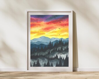 Great Smoky Mountains National Park Watercolor Art Print | Mountain Landscape | Tennessee | 8x10