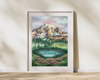 Mount Rainier National Park Watercolor Art Print | Alpine Meadow Landscape | Mountain Reflection | Pacific Northwest | 8x10