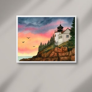 Acadia National Park Art Print | Watercolor Landscape | Maine Wall Art | Sunset | Light House Art