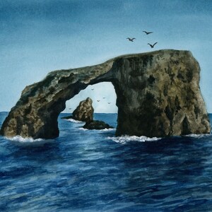 Parc national des îles Anglo-Normandes | Arche marine | Impression d'art aquarelle | Paysage côtier océanique | Californie | 8 x 10 image 2