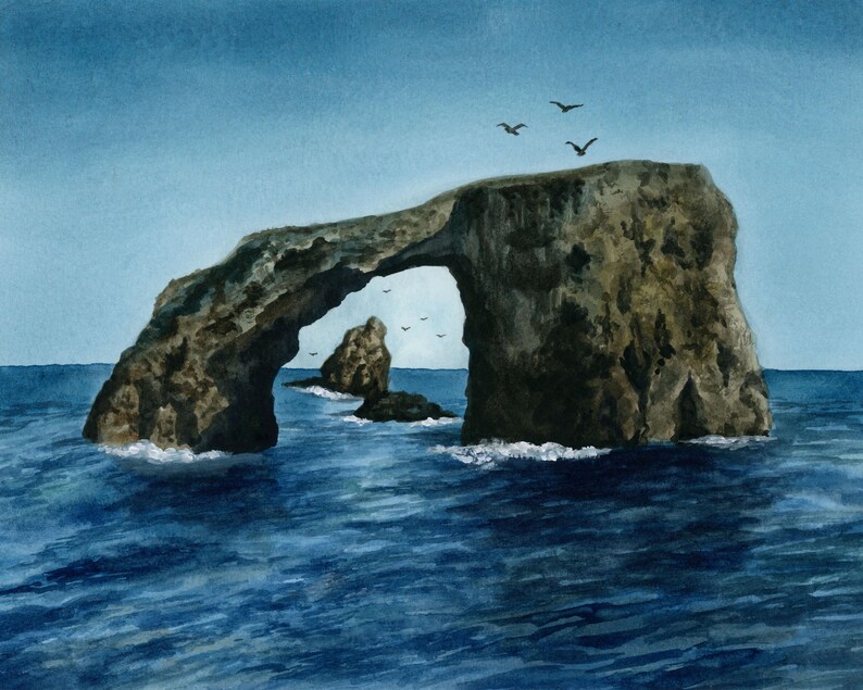 Parc national des îles Anglo-Normandes | Arche marine | Impression d'art aquarelle | Paysage côtier océanique | Californie | 8 x 10 image 2