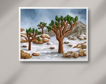 Impression d'art aquarelle du parc national de Joshua Tree | Paysage désertique d'hiver | Californie | 8 x 10