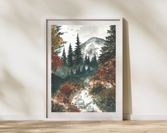 Mount Rainier National Park Watercolor Art Print | Mountain Landscape | Forest Valley | Pacific Northwest | 8x10