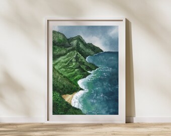 Impression d'art aquarelle du parc national des Volcans d'Hawaï | Paysage volcanique côtier | Hawaï | 8 x 10