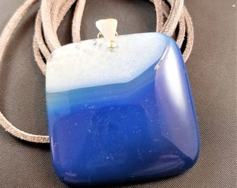 Polished Blue and White Agate Square Pendant Necklace with Silver Plated Bail