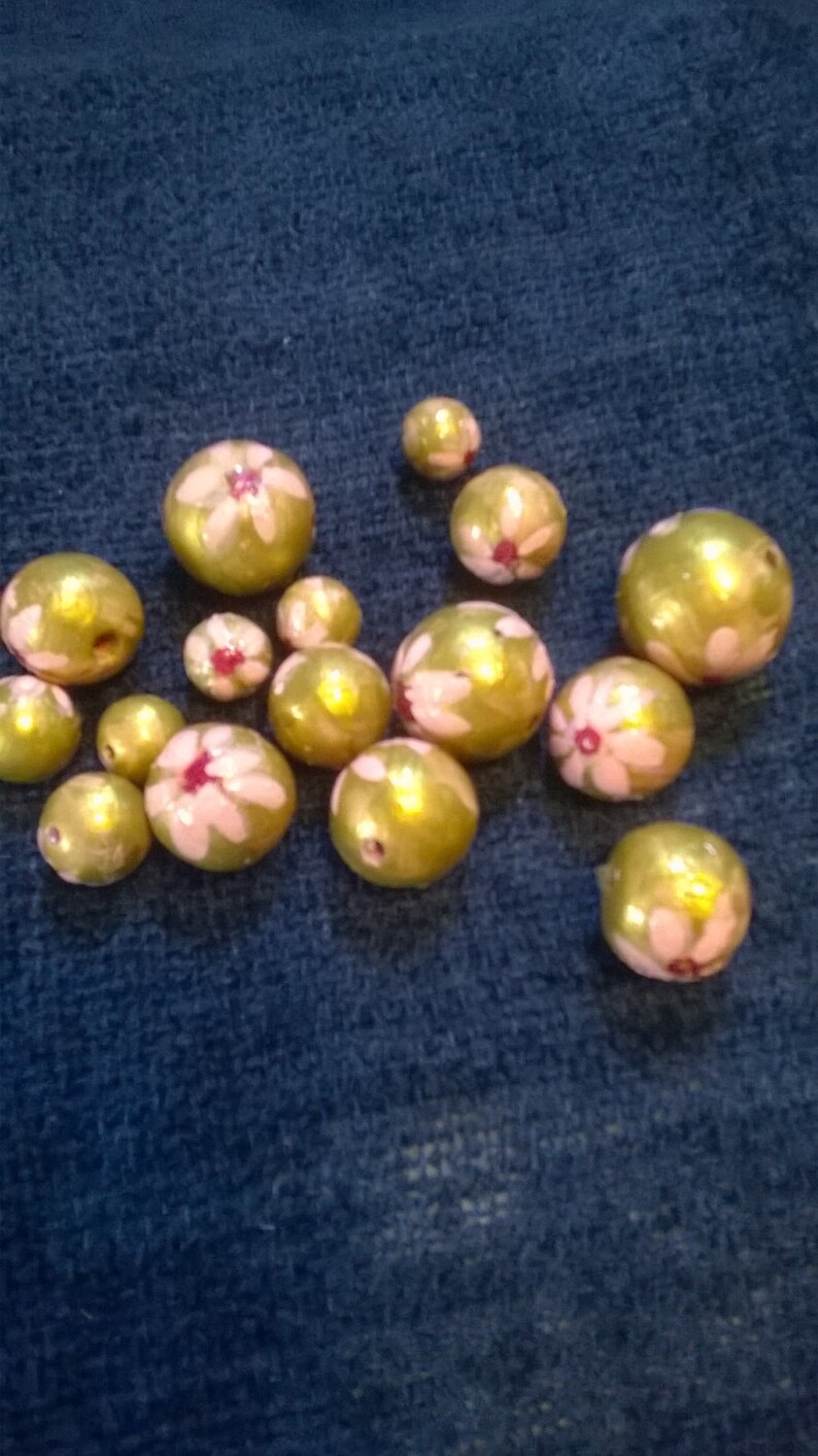 Gold Beads with Pink Flowers Hand painted