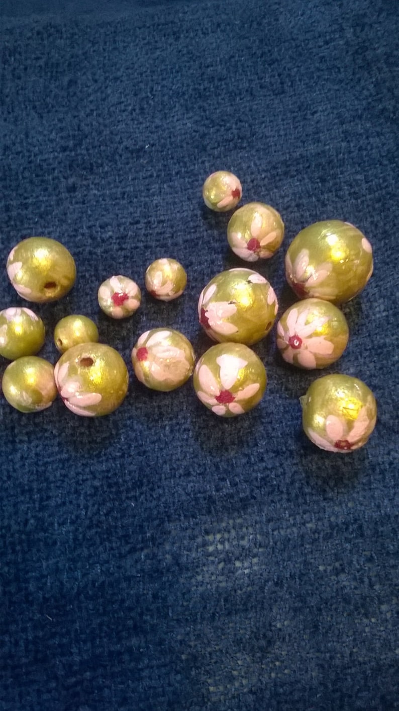 Gold Beads with Pink Flowers Hand painted