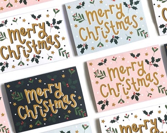 4, 8, 12 Pack of A6 Luxury Christmas Cards | Festive | Merry Christmas | Hand Designed Lettering Funky Modern Unique | Holly Mistletoe