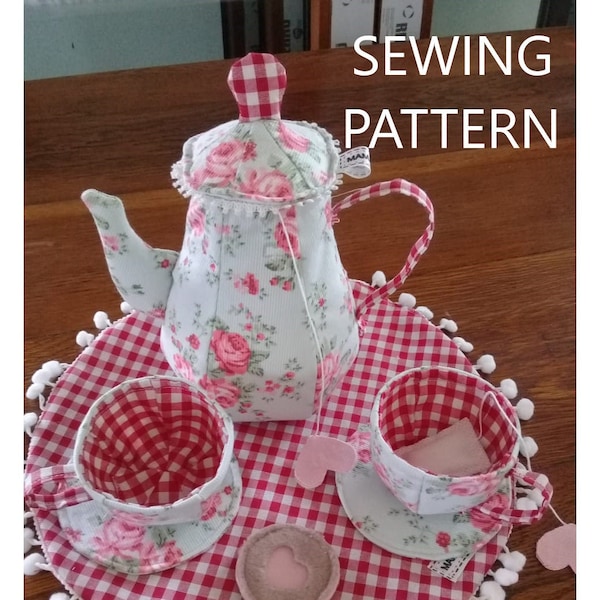 Playhouse tea set sewing pattern and tutorial. quilt teacup teapot saucers teabags and cookie pottery