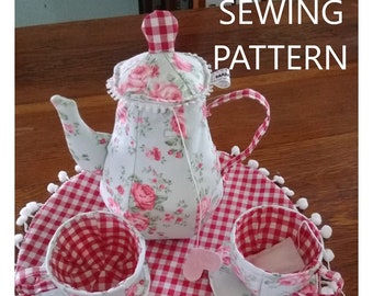 Playhouse tea set sewing pattern and tutorial. quilt teacup teapot saucers teabags and cookie pottery DIY stuffed toy