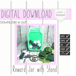 Digital Download Reward Jar with Stand-Stars & Hearts-SVG-Ai-PDF-SVG-Laser Cut File image 1