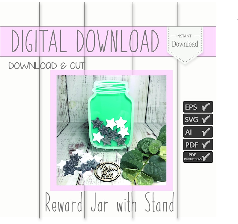 Digital Download Reward Jar with Stand-Stars & Hearts-SVG-Ai-PDF-SVG-Laser Cut File image 1