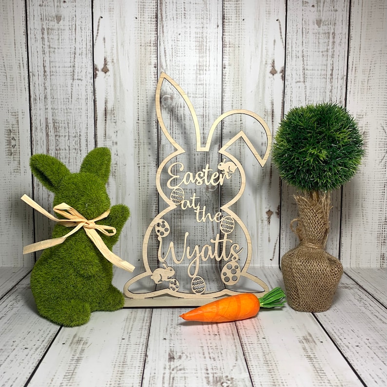 Easter BunnyWooden/Acrylic Easter bunnyEaster at the Family name's bunnyEaster treatBunnyPersonalised BunnyPersonalised Easter Gift image 1