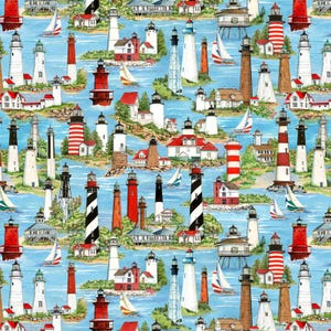 Peut inclure: Une illustration colorée d'une scène de bord de mer avec de nombreux phares de différentes couleurs et designs. Les phares sont représentés sur fond de ciel bleu et d'océan, avec des nuages blancs et des mouettes.