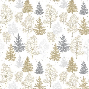 Patchworkstoff weiß mit Tannenbäumen in Gold und Silber