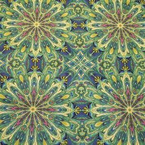 Könnte beinhalten: Ein sich wiederholendes Muster aus bunten, abstrakten, mandalaartigen Designs in Grün-, Blau-, Gelb-, Rosa- und Weißtönen.